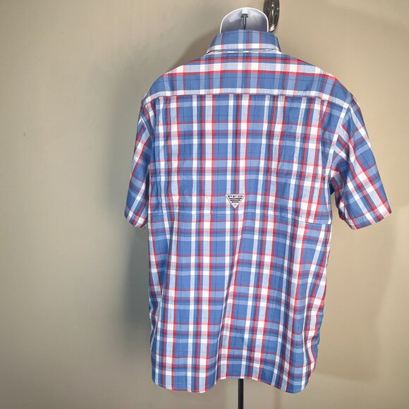 Columbia PFG Men's blue & red PFG loop collar camp fishing shirt Mint Cond L - Picture 6 of 8